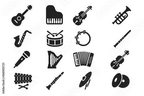 Silhouette icons of musical instruments including piano, violin, guitar, and more