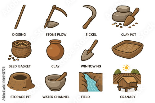 Ancient farming tools and methods: stone plow, sickle, clay pot, storage pit, granary