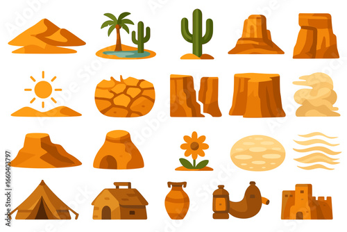 Desert icons: cactus, sand dunes, rocks, and oasis in flat design style