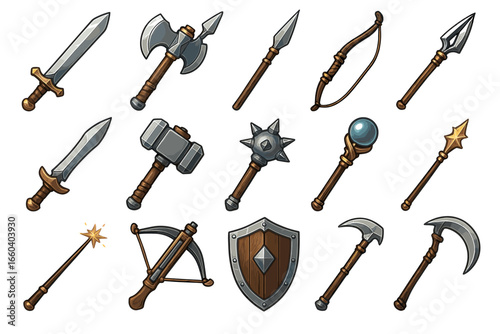 Collection of fantasy weapons and tools: swords, axes, bows, shields, and more