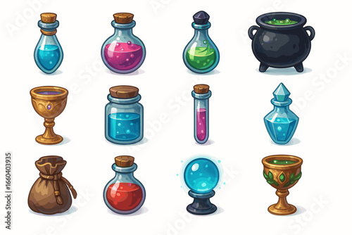 Assorted magical potion bottles and containers with various colors and shapes
