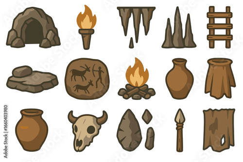 Cave tools and artifacts: primitive flint, fire, and pottery icons for prehistoric exploration
