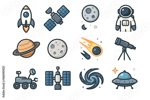 Space exploration icons: rocket, satellite, planet, rover, astronaut, ufo