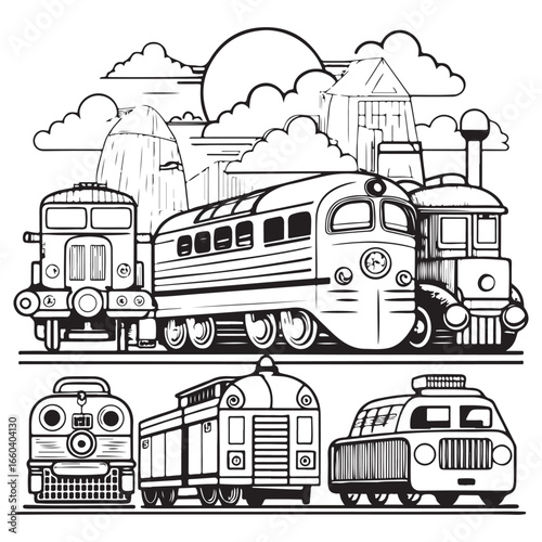 Collection of vintage train engines and carriages depicted in a detailed black and white line drawing isolated on white background