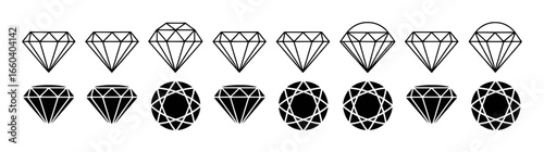 Collection of Diamond Icons: Outline and Solid Fill Styles
