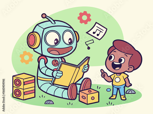 Colorful technology concept of AI tutoring child in fun cartoon educational