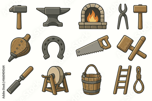 Collection of traditional blacksmith and carpentry tools