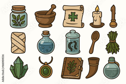 Collection of magical potion ingredients and tools with herbal elements