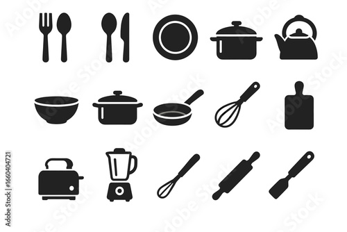 Kitchen utensils and appliances icons set: fork, spoon, plate, pot, toaster, blender, whisk