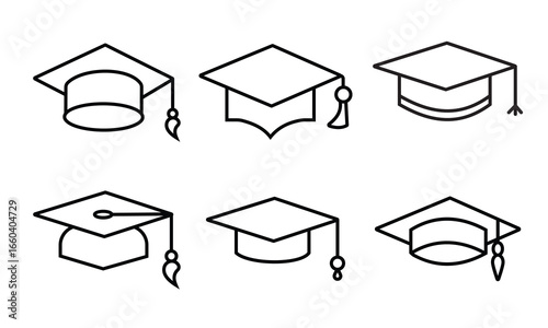 Graduation cap, hat line icon vector set. Silhouette of Graduation hat, cap icons vector collection. Academical degree, College, school, university graduation ceremony sign. Vectort illustration.