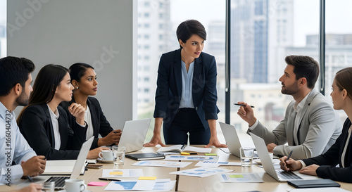 Business team in a meeting, discussing strategy around a conference table with laptops