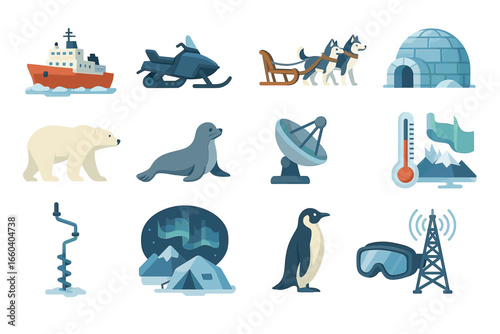 Arctic exploration icons: icebreaker, snowmobile, huskies, igloo, wildlife, and equipment