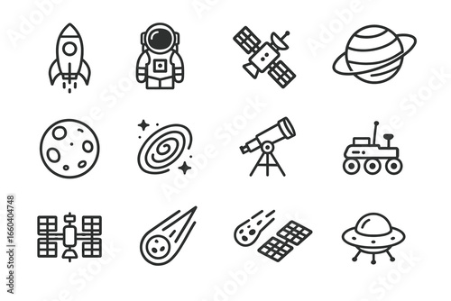 Space exploration icons: rocket, astronaut, satellite, planet, telescope, rover