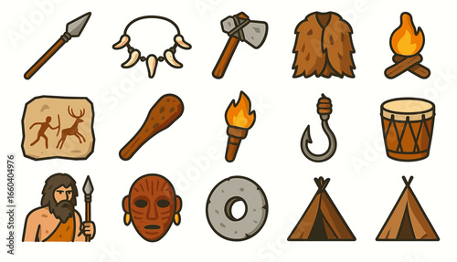 Prehistoric tribe icons: tools, clothing, and artifacts in primitive culture