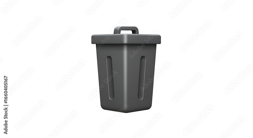 Dark grey plastic trash can with a closed lid top handle and vertical grooves 3D icon style. Dark grey plastic trash can with a closed lid top handle and vertical grooves 3D icon style.