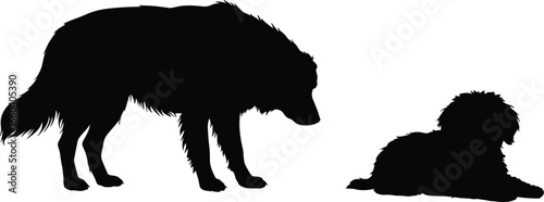 Silhouette of two dogs, one standing and one lying down, furry pets, calm moment, animal companionship, peaceful scene, canine friends