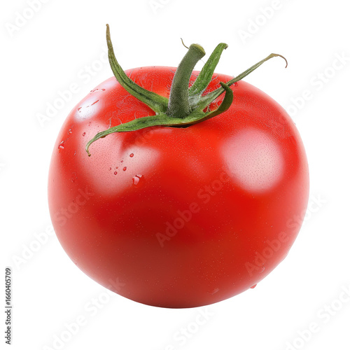Single, vibrant red tomato, whole, with stem and leaves