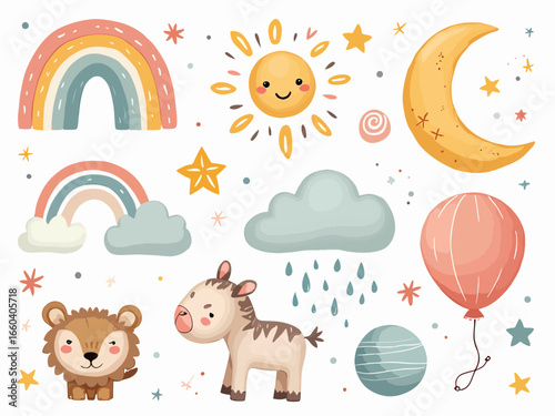 Boho baby nursery elements. Hand drawn celestial collection with cute rainbow, moon, sun, cloud, rain, animals and balloon. Set for newborn with stars, planets. Decoration for bedroom or baby shower P