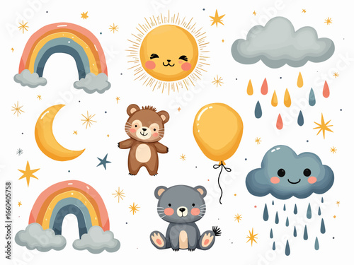 Boho baby nursery elements. Hand drawn celestial collection with cute rainbow, moon, sun, cloud, rain, animals and balloon. Set for newborn with stars, planets. Decoration for bedroom or baby shower P