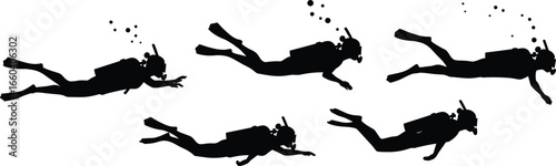 Silhouette scuba divers underwater swimming in ocean, flat vector illustration, cad drawing style, isolated on white background, marine exploration