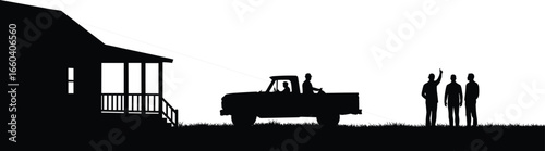 Silhouette, house, truck, people, rural scene, community, vehicle, outdoor, lifestyle, transport