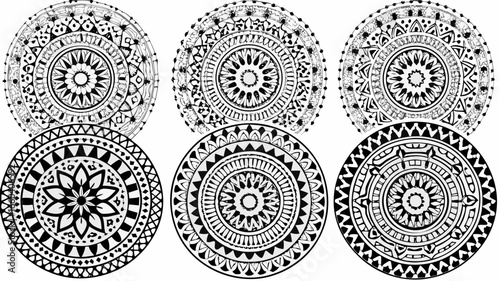 Six black and white circular mandala designs with intricate patterns and symmetrical arrangements displayed together |  editable eps vectors silhouette