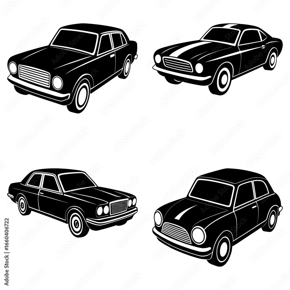 Fototapeta premium Four classic cars in black and white showcasing different vintage automobile designs and styles in a grid layout