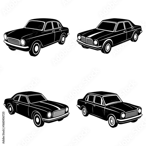 Illustration of four vintage cars in black and white with different designs and body styles shown