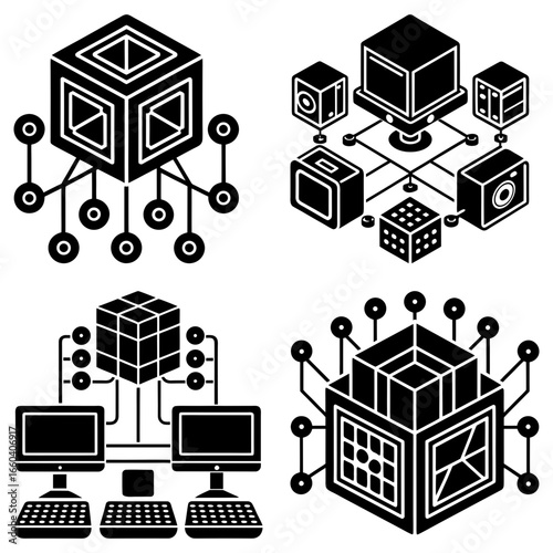 Illustration showing a network of connected devices and abstract data cubes in black and white style