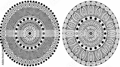 Two oval shaped mandalas with intricate patterns and geometric designs in black and white color scheme |  editable eps vectors silhouette