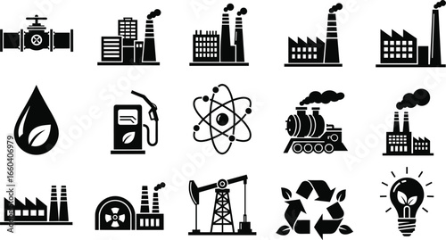 Industrial icon set, eco energy vector, factory illustration, nuclear power plant, oil extraction, recycling, infrastructure, economy, sustainability, industry