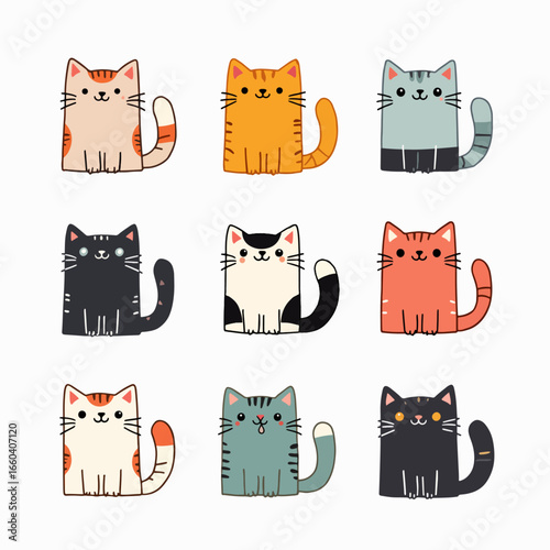 Cute and funny cats doodle vector set. Cartoon cat or kitten characters design collection with flat color in different poses. Set of purebred pet animals isolated on white background.
