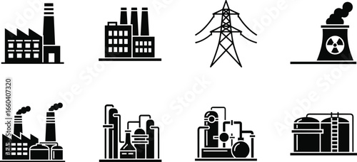 Industrial icon set, factory vector, nuclear power plant, chemical facility, smokestack pollution, energy infrastructure, economy, manufacturing, production, industry