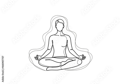 Minimalist continuous line art illustration of a person meditating in lotus pose, symbolizing inner peace and the concept of spiritual wellness.