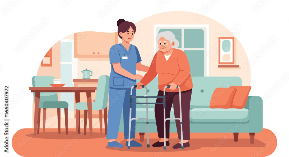 Flat illustration of a nurse assisting an elderly patient with a walker at home, symbolizing senior healthcare, rehabilitation, mobility support, and compassionate caregiving Flat illustration of a nurse assisting an elderly patient with a walker at home, symbolizing senior healthcare, rehabilitation, mobility support, and compassionate caregiving