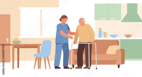 Flat illustration of a nurse assisting an elderly patient with a walker at home, symbolizing senior healthcare, rehabilitation, mobility support, and compassionate caregiving