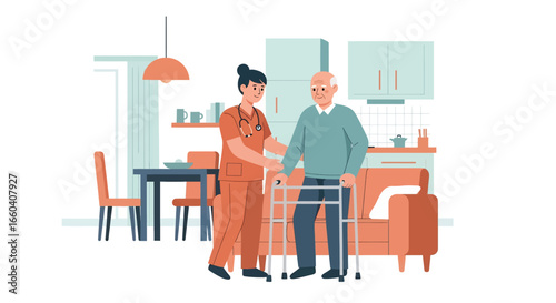 Flat illustration of a nurse assisting an elderly patient with a walker at home, symbolizing senior healthcare, rehabilitation, mobility support, and compassionate caregiving