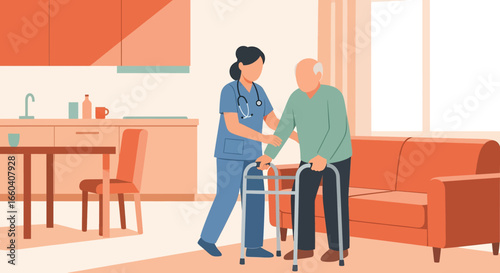 Flat illustration of a nurse assisting an elderly patient with a walker at home, symbolizing senior healthcare, rehabilitation, mobility support, and compassionate caregiving