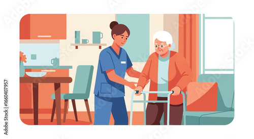 Flat illustration of a nurse assisting an elderly patient with a walker at home, symbolizing senior healthcare, rehabilitation, mobility support, and compassionate caregiving