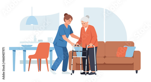 Flat illustration of a nurse assisting an elderly patient with a walker at home, symbolizing senior healthcare, rehabilitation, mobility support, and compassionate caregiving