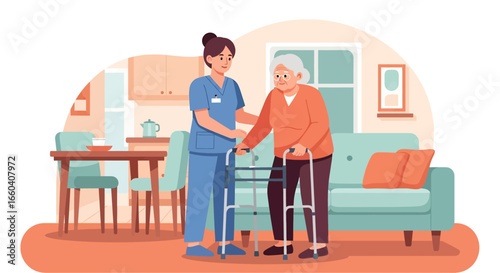 Flat illustration of a nurse assisting an elderly patient with a walker at home, symbolizing senior healthcare, rehabilitation, mobility support, and compassionate caregiving