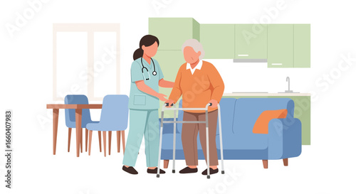 Flat illustration of a nurse assisting an elderly patient with a walker at home, symbolizing senior healthcare, rehabilitation, mobility support, and compassionate caregiving
