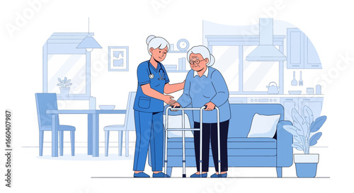 Flat illustration of a nurse assisting an elderly patient with a walker at home, symbolizing senior healthcare, rehabilitation, mobility support, and compassionate caregiving