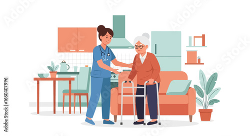 Flat illustration of a nurse assisting an elderly patient with a walker at home, symbolizing senior healthcare, rehabilitation, mobility support, and compassionate caregiving