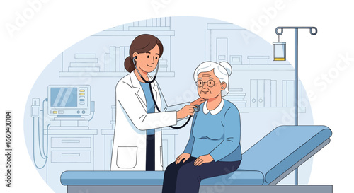 Flat illustration of a female doctor using a stethoscope to check an elderly woman in a medical office, representing senior healthcare, diagnosis, and professional medical support