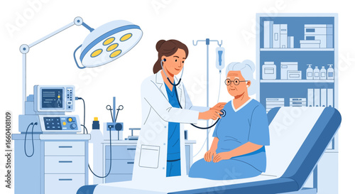 Flat illustration of a female doctor using a stethoscope to check an elderly woman in a medical office, representing senior healthcare, diagnosis, and professional medical support