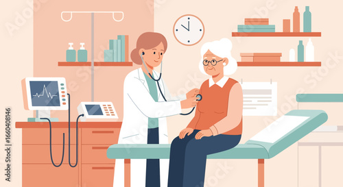 Flat illustration of a female doctor using a stethoscope to check an elderly woman in a medical office, representing senior healthcare, diagnosis, and professional medical support