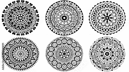 Collection of six black and white intricate mandala designs with oval shapes arranged in a pattern |  editable eps vectors silhouette