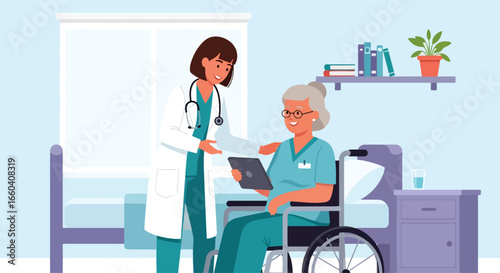 Flat illustration of a doctor showing medical information on a tablet to an elderly woman in a wheelchair, representing senior healthcare, digital medicine, and compassionate patient support