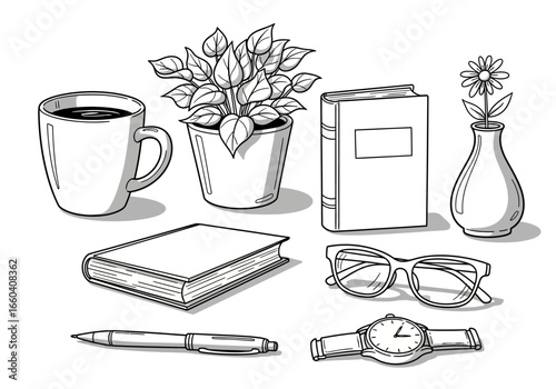 Hand-drawn sketch illustration set of cozy home office and study essentials. Vector line art of book, plant, coffee, glasses, and watch.